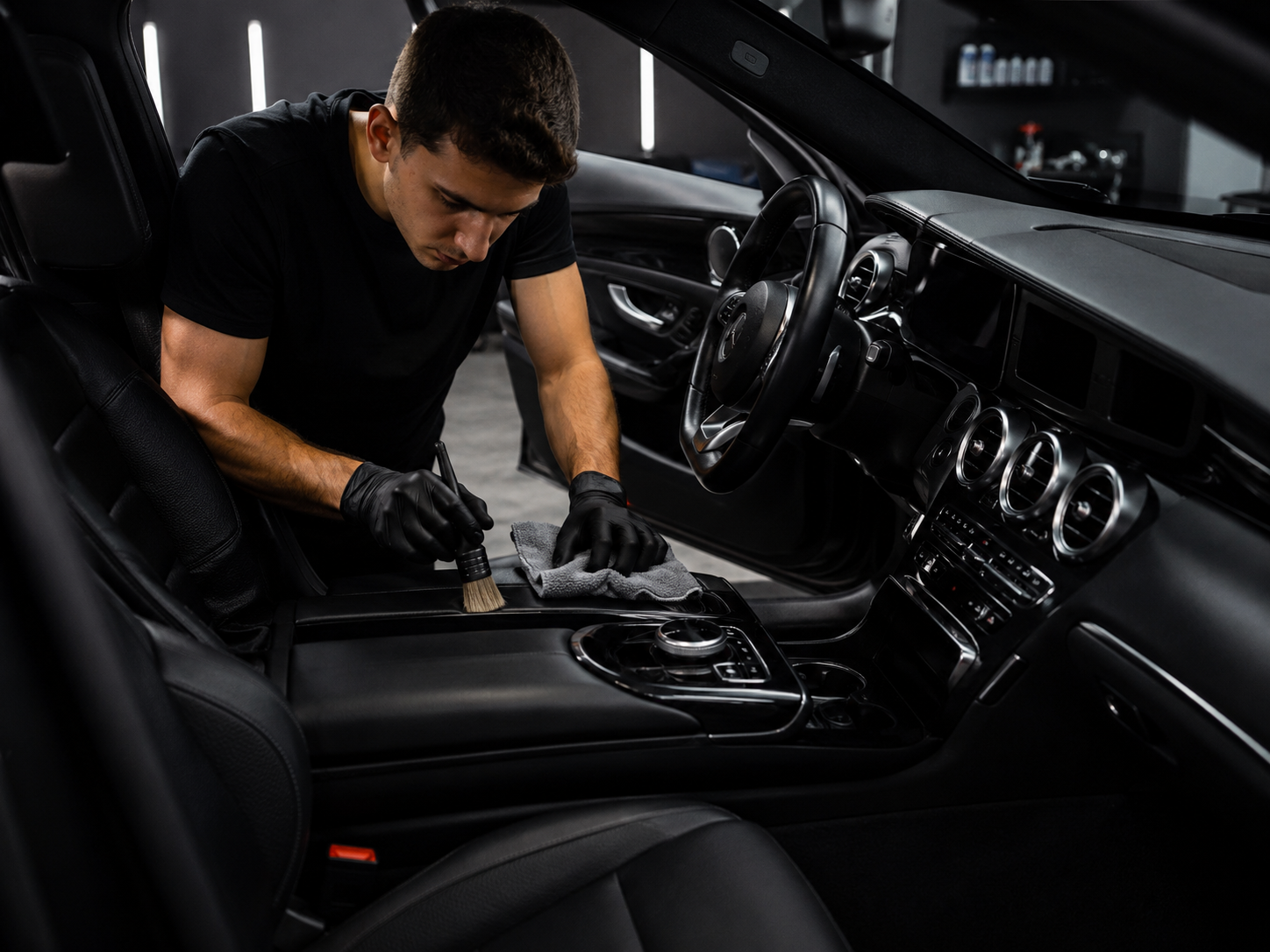 Interior detailing service inside a vehicle